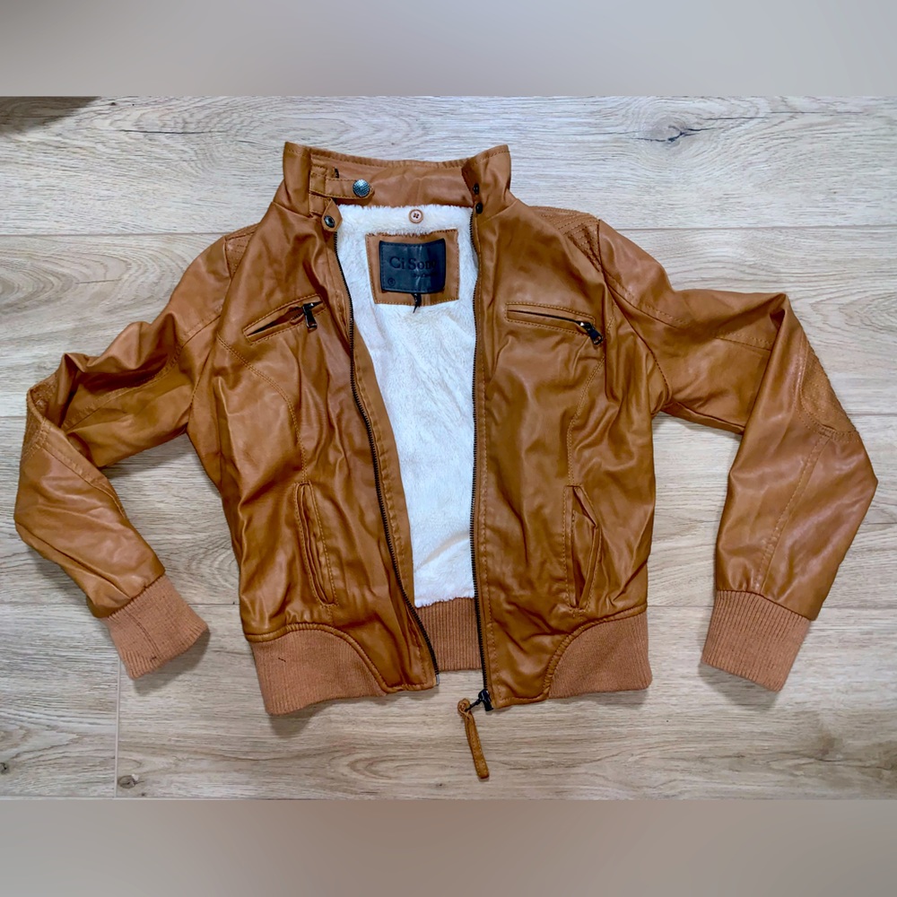 Brown faux leather and fur lined Ci Sono bomber jacket